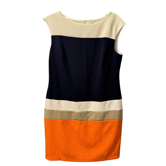 Studio I Colorblock Sleeveless Sheath Dress Size 12 Navy/Orange/Beige Polyester - Picture 1 of 12